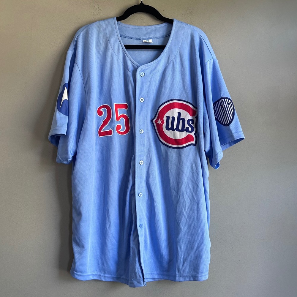 Chicago Cubs Baseball Jersey Light Blue Mesh Button Up #25 Motorola Men XL